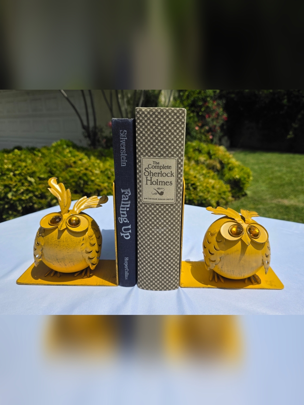 Vintage 1970s Metal Owl Bookends – Pair – Mustard Gold with Jeweled Eyes
